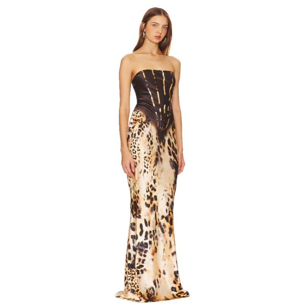 Retrofete Shayna Silk Maxi Dress Vintage Cheetah Strapless Fitted Gown Sz XS